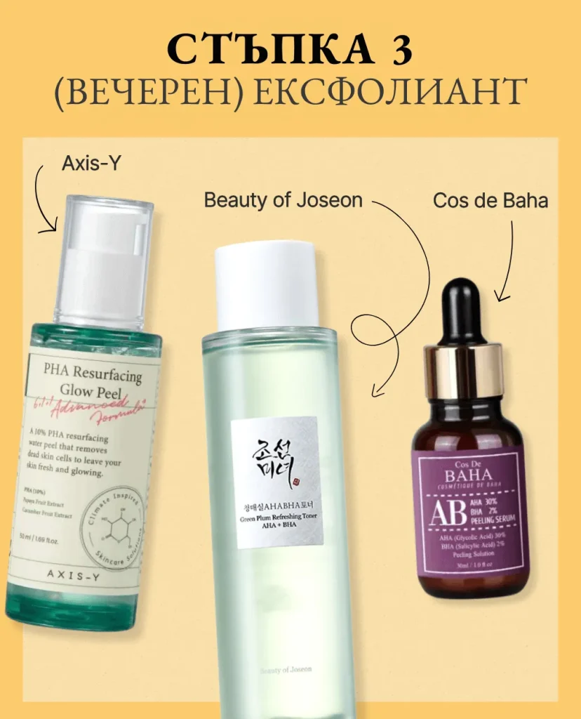 Стъпка 3 от корейската грижа: (Вечерен) Пилинг. На жълт фон ексфолиращи продукти: Axis-Y PHA Resurfacing Glow Peel, Beauty of Joseon Green Plum Toner и Cos De Baha AHA BHA серум.