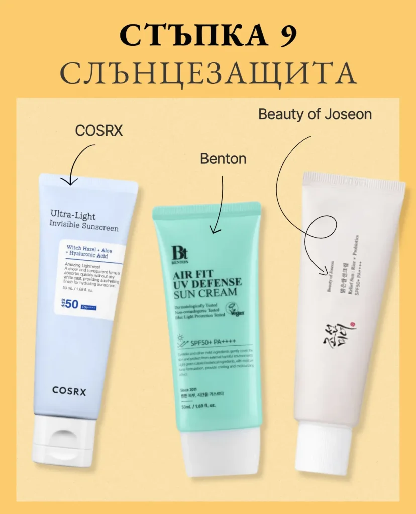Стъпка 9 от корейската грижа: Слънцезащита. На жълт фон SPF продукти: Cosrx Ultra-Light Invisible, Benton Air Fit UV Defense и Beauty of Joseon Relief Sun.
